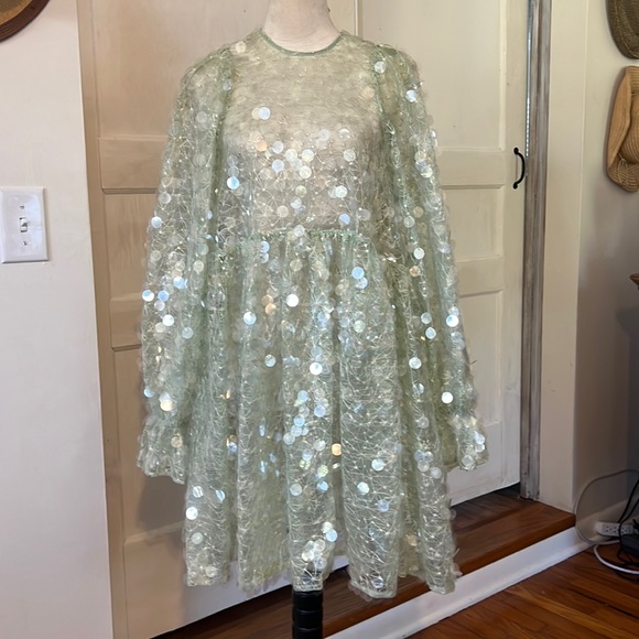 ASOS EDITION SEQUINED SHEER PART DRESS SZ 0 OVERSIZED MINT GREEN GOLD THREADING - Picture 1 of 10